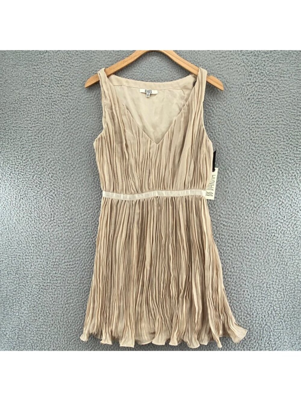 BB Dakota Dress Womens 4 Beige Mini Pleated Crinkle Fit & Flare Deep V Neck NWT
